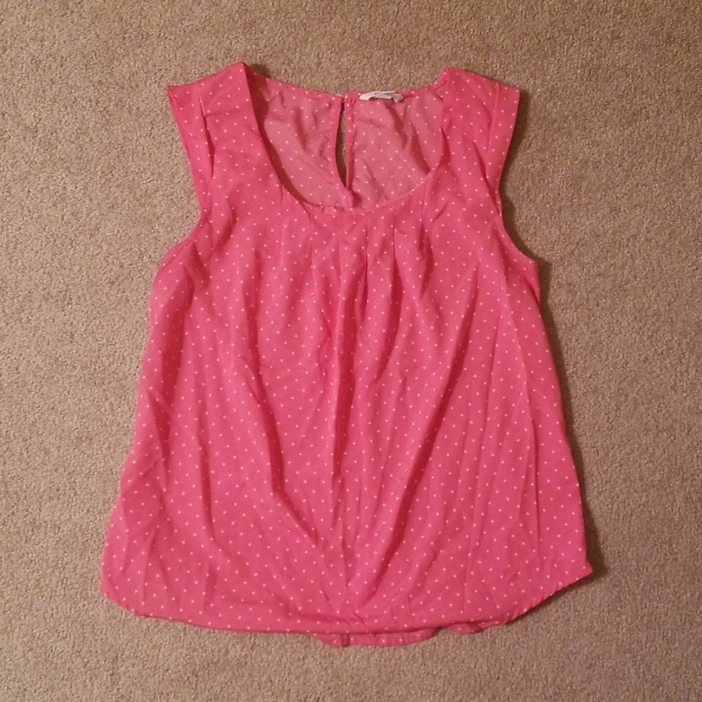 Pink cap sleeve blouse with white polka dots